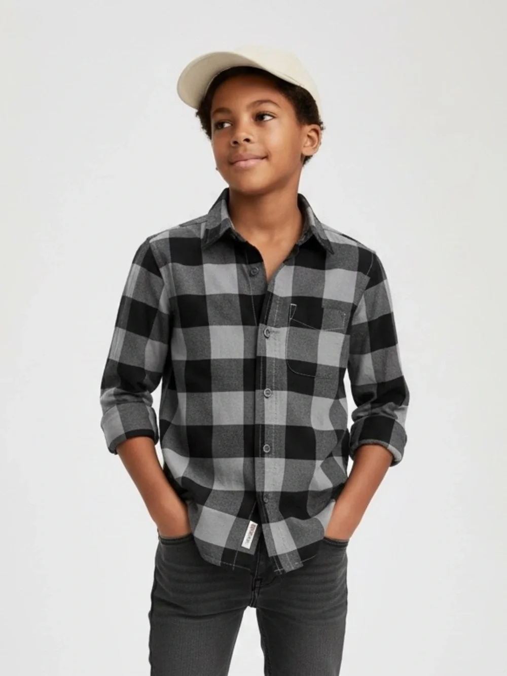 PLACE•Black & Gray Buffalo Plaid Button Down Shirt•S